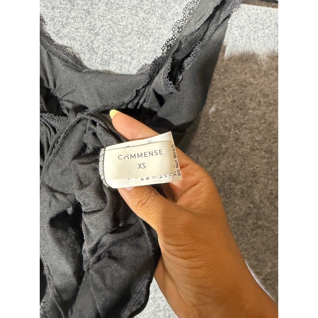 Commense Black Ruched Lace-Up Tank Top XS Fairycore Coquette Chiffon Lace Trim