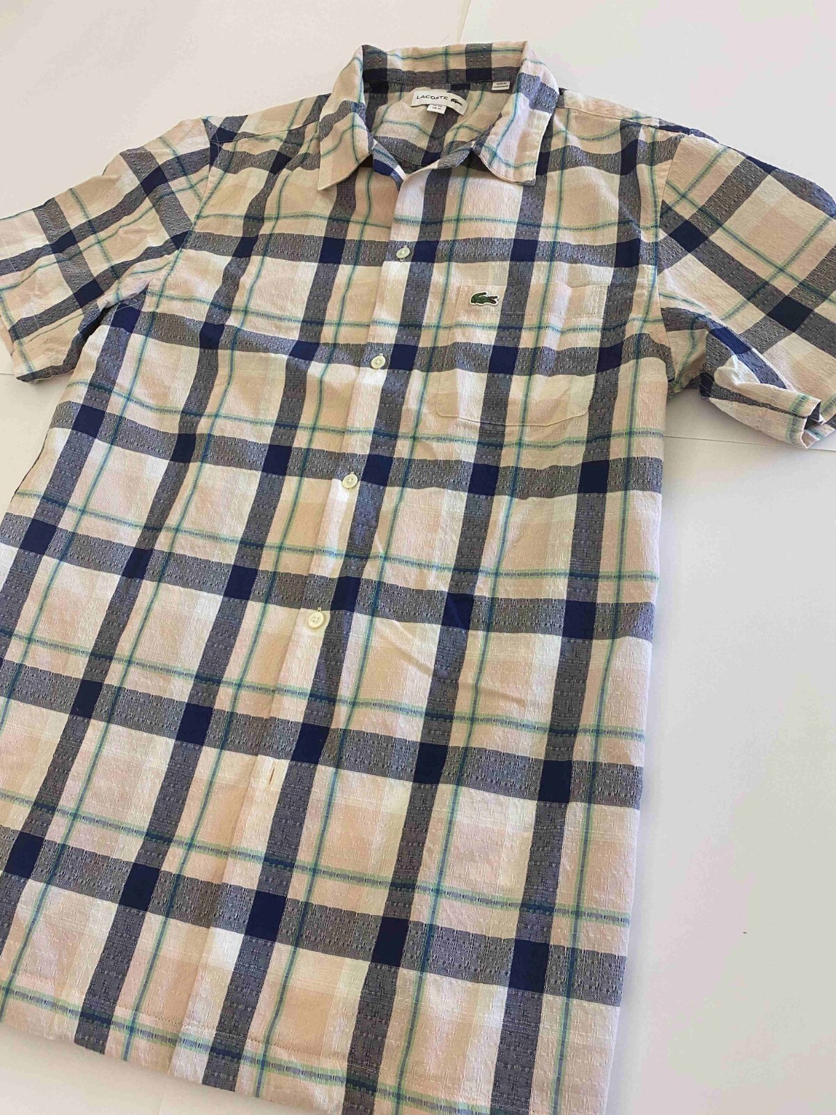 LACOSTE PLAID WOVEN YARN DYE SHORT SLEEVE SHIRT CH0960 51 3DC PNK/NVY NEW W TAG