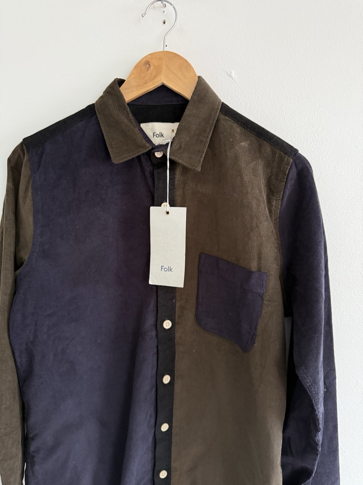 Folk Harper Colour Block Corduroy Shirt Mens Small 2 Khaki Navy Button Up BNWT