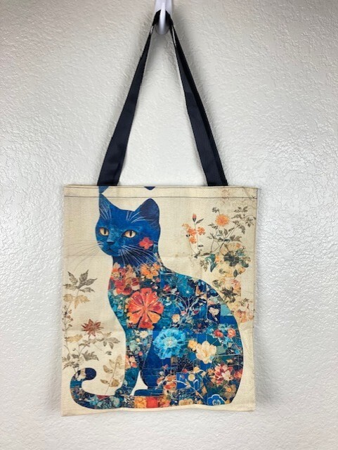 Fujian Floral Blue Cat Print Polyester Tote Bag, NWOT