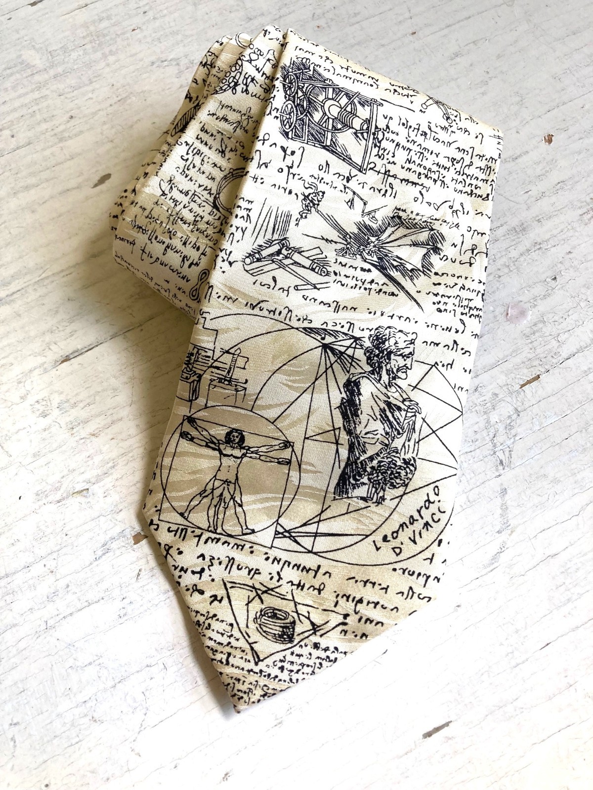 Museum Artifacts Silk Jacquard Necktie Leonardo da Vinci Sketches Cream Black