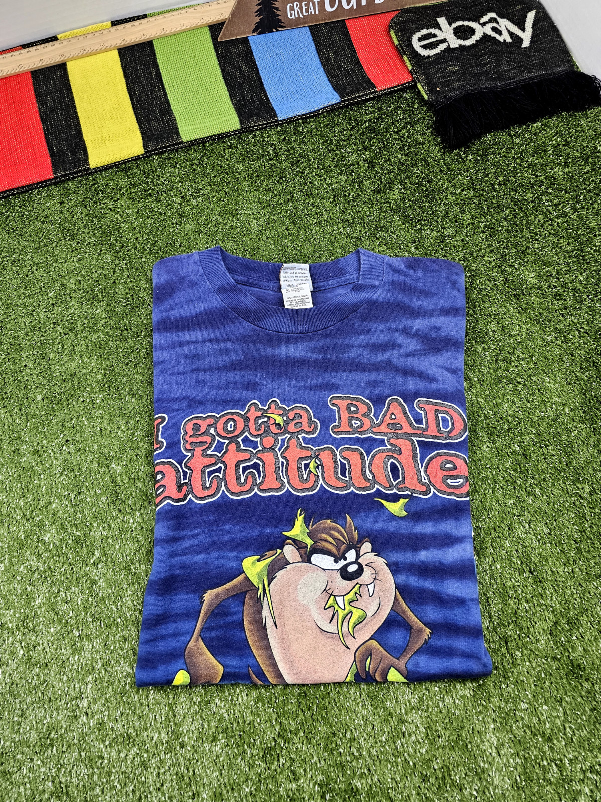 Looney tunes taz devil gotta bad attitude crewneck tshirt size L tie dye blue