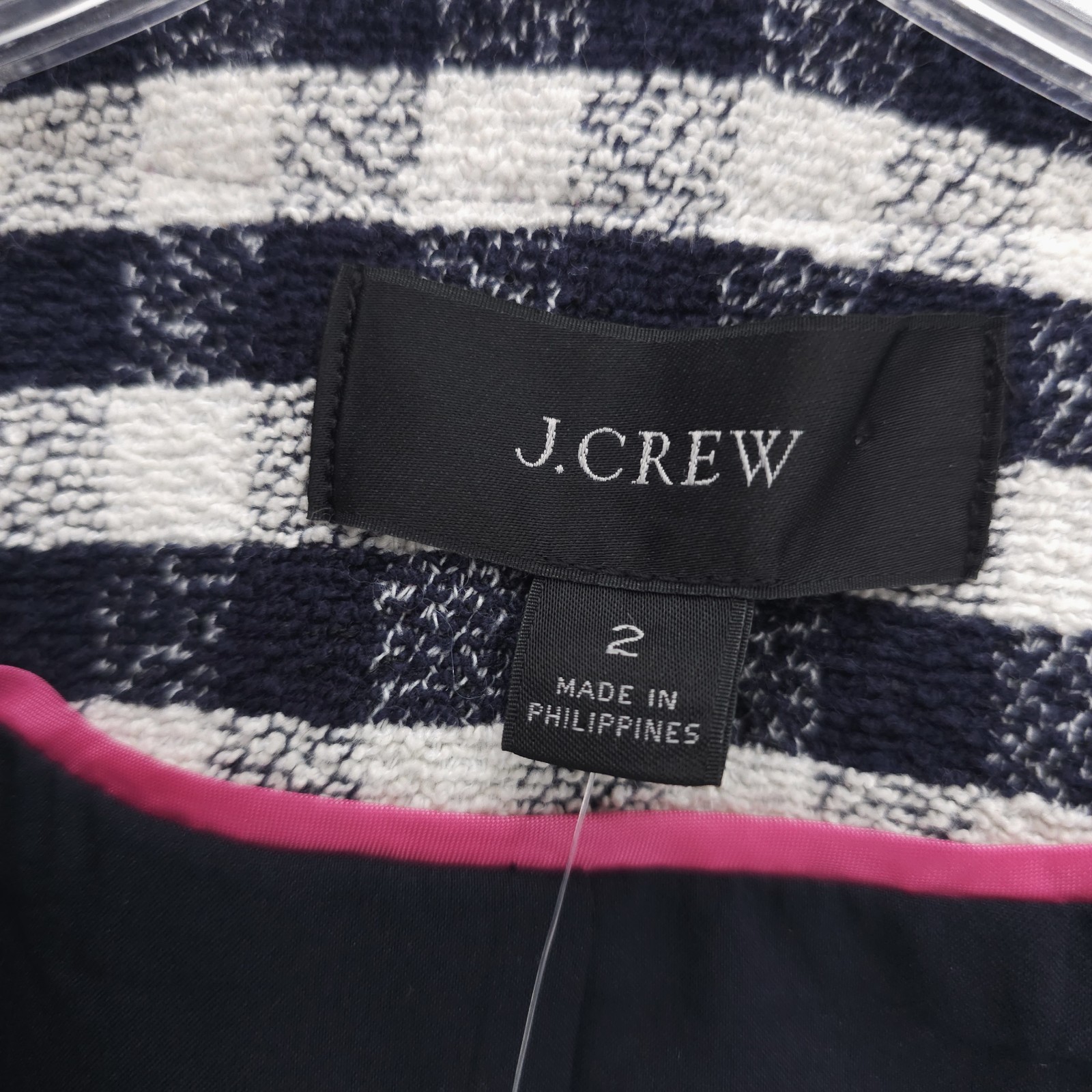 NWT J CREW Grosgrain Trim Jacket Gingham Tweed Navy Ivory Pink Gold Button Sz 2