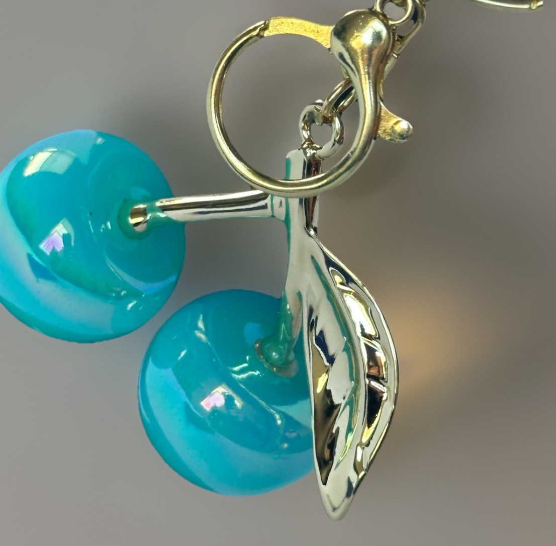 Iridescent Gloss Mirrored Cherry Bag Charms Keychain Gold + Velvet Dustbag