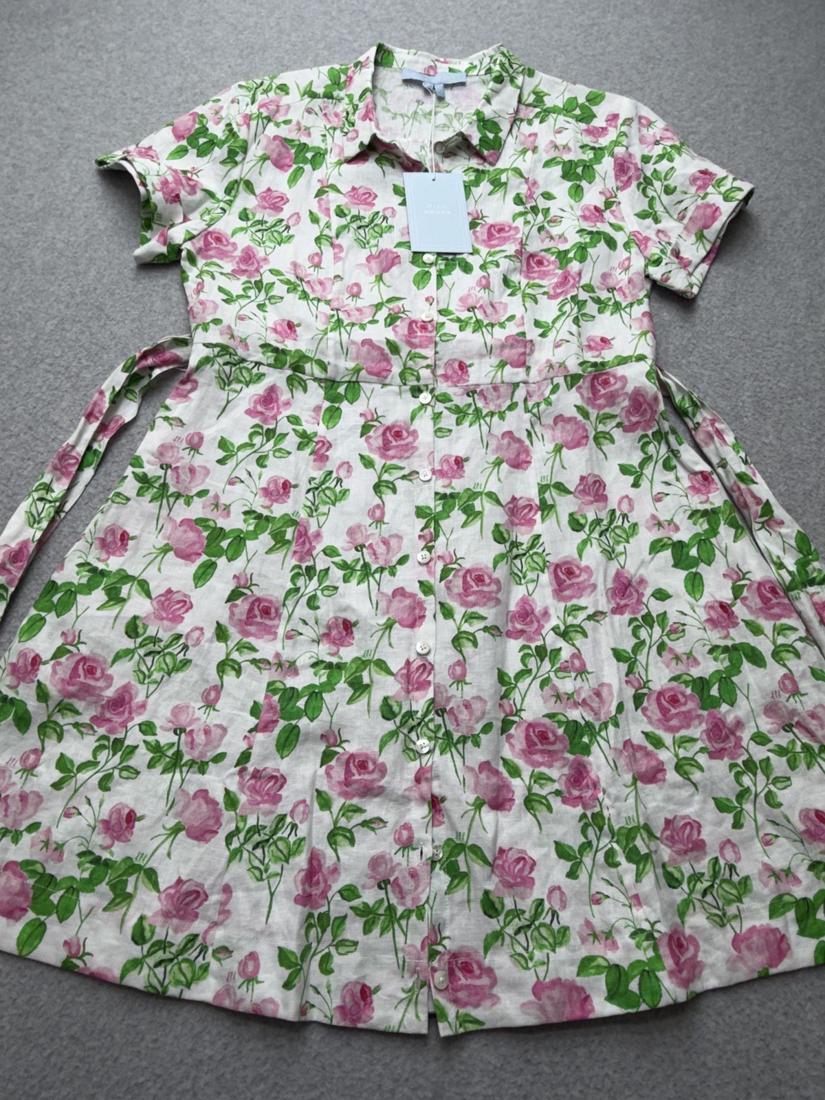 Hill House Laura Dress Womens Medium Pink Roses Linen Collared Belted Pockets