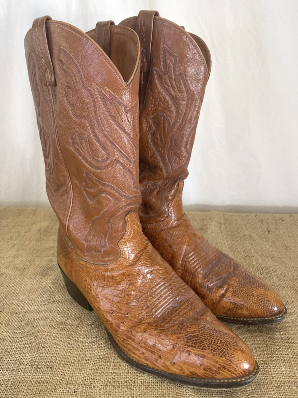 VTG J Chisholm Men Size 11.5D Full Quill Ostrich Leather Cognac Cowboy Boots USA
