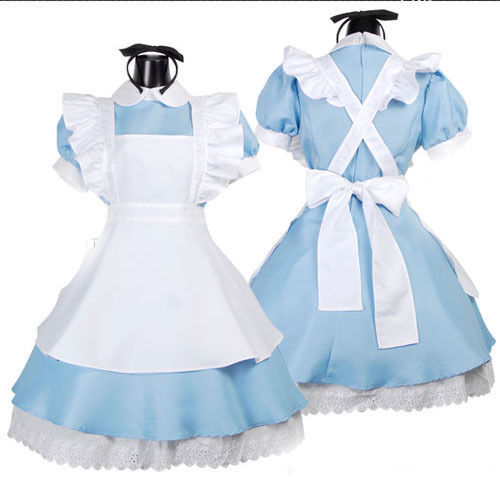 Alice in Wonderland Costume Waitress Uniform Maid Blue Dress Halloween Cosplay