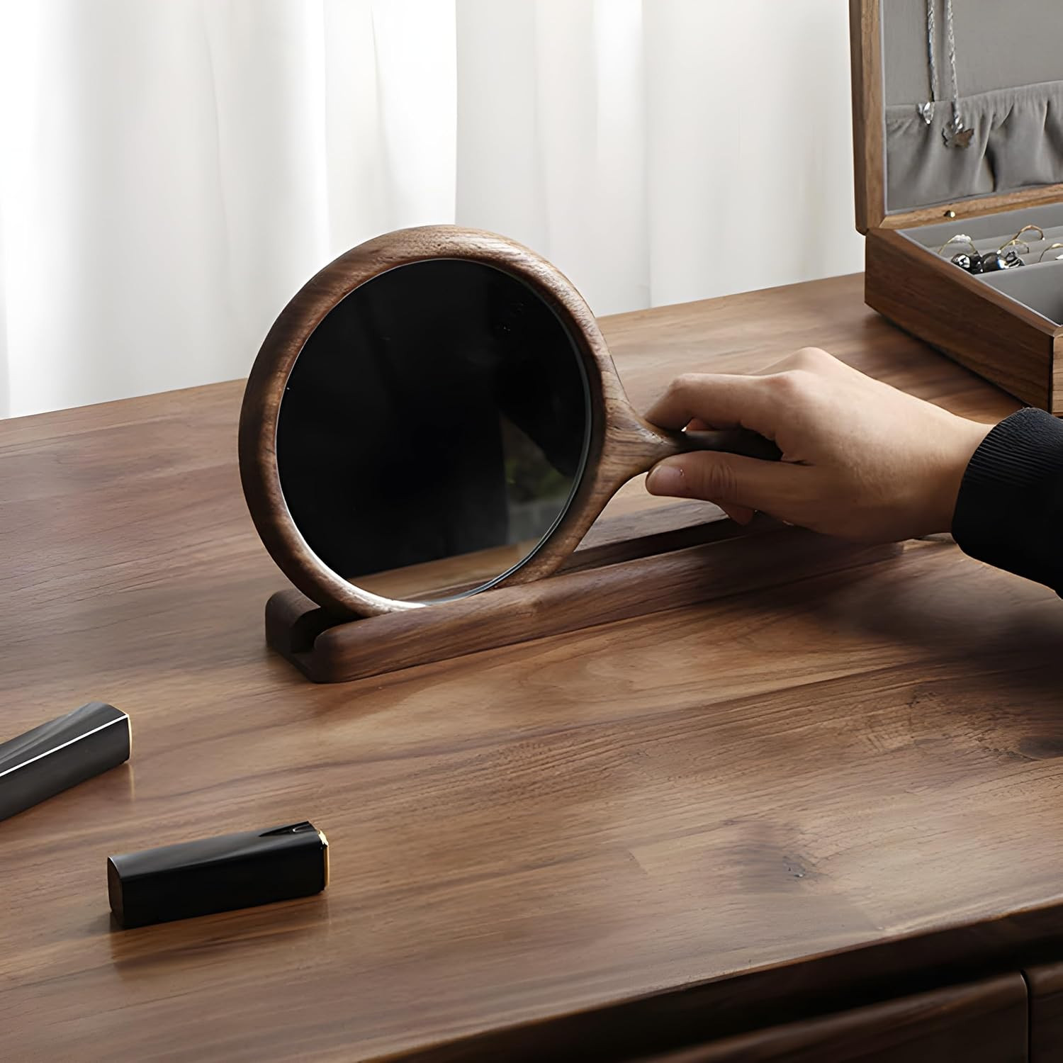 Handheld Mirror with Base, Wood Barber Hairdressing Handheld Mirror, Makeup Hand