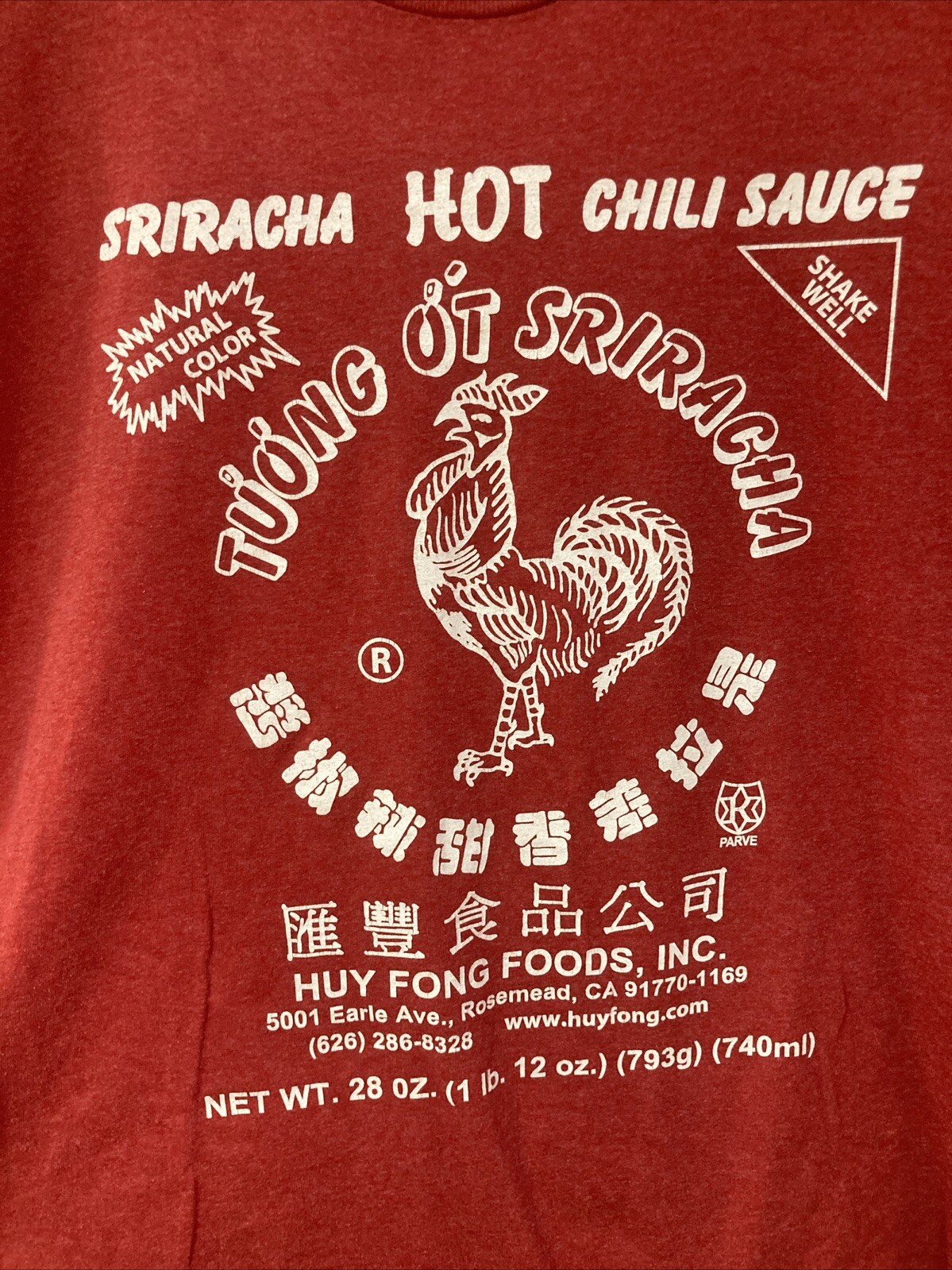 Authentic Tuong OT Sriracha Hot Chili Sauce Huy Fong Foods Logo Red T-shirt XL