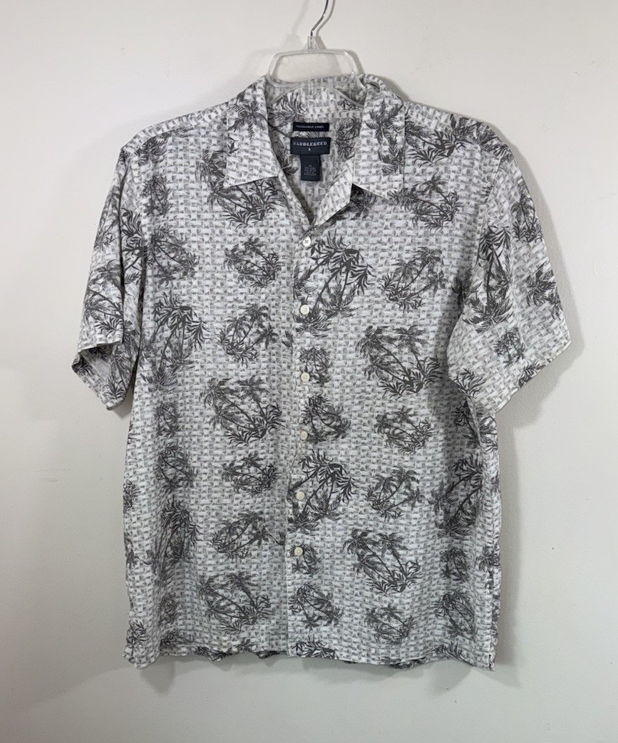 Saddlebred Hawaiian Shirt Mens XL Gray Washable Linen Tropical Aloha Resort