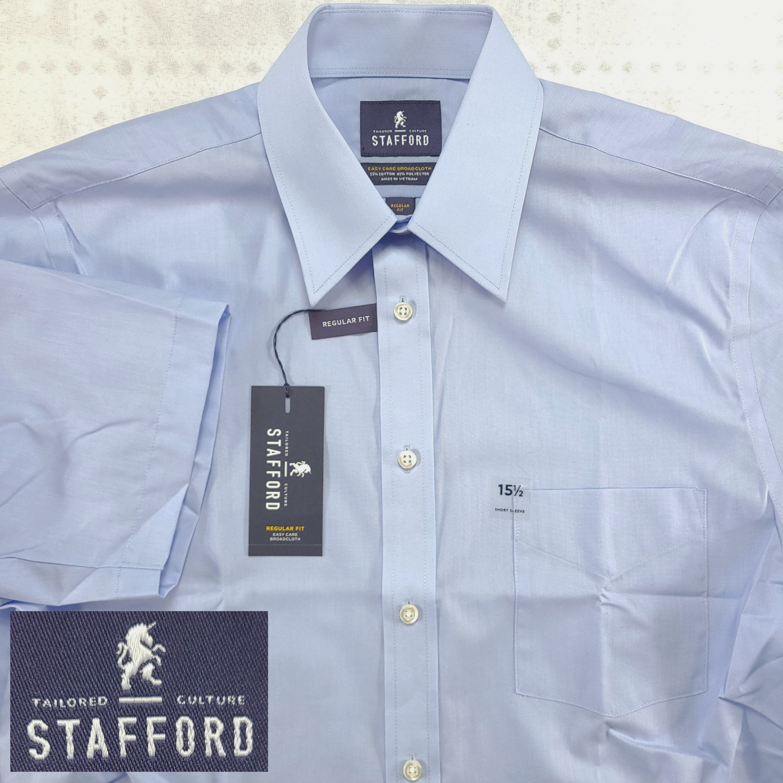 Stafford Mens Short Sleeve Dress Shirt Size 15.5 Blue Easy Care Broadcloth NWT