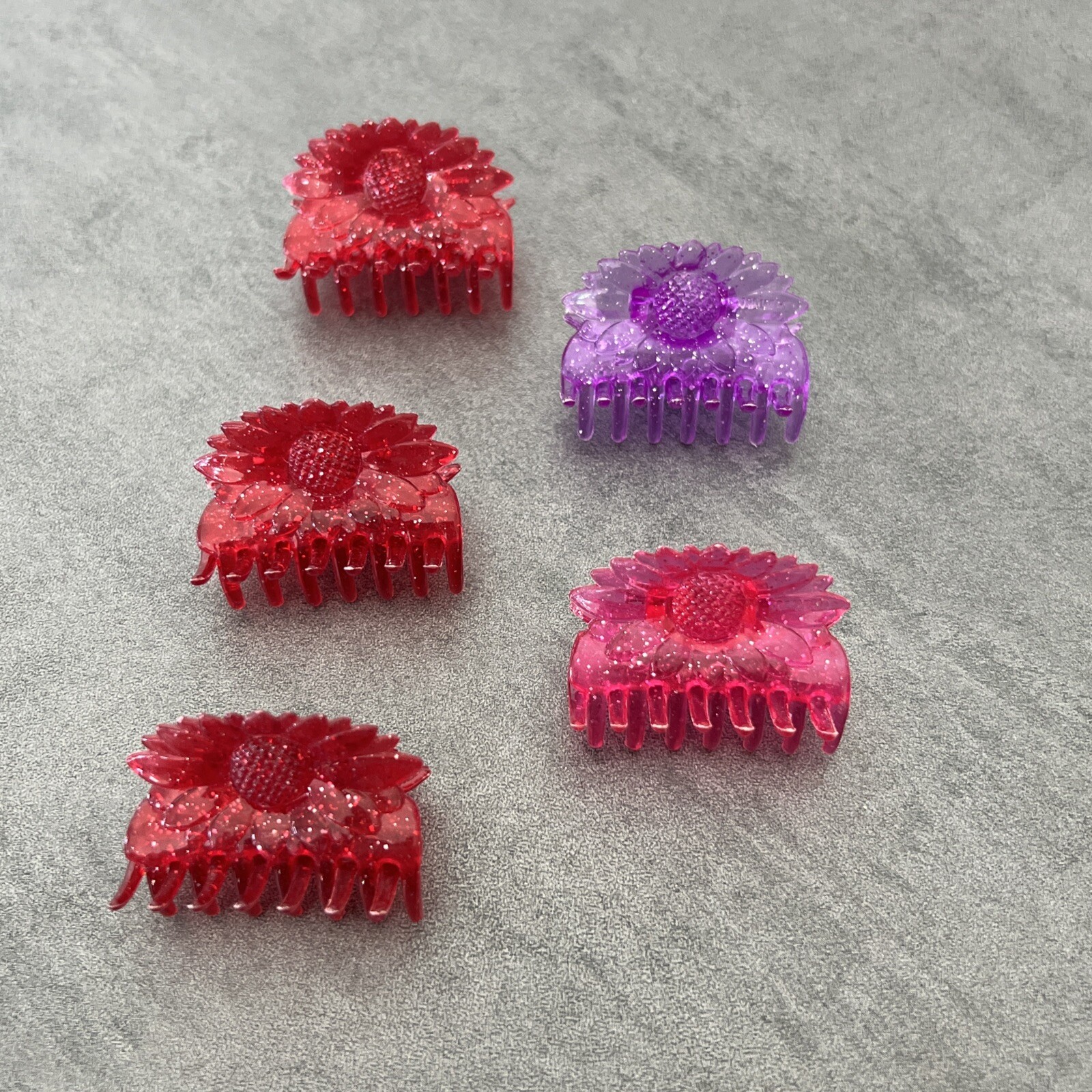 VTG 90s Small 1.5” Colorful Glitter Sunflower Flower Hair Claw Clips Lot Of Five