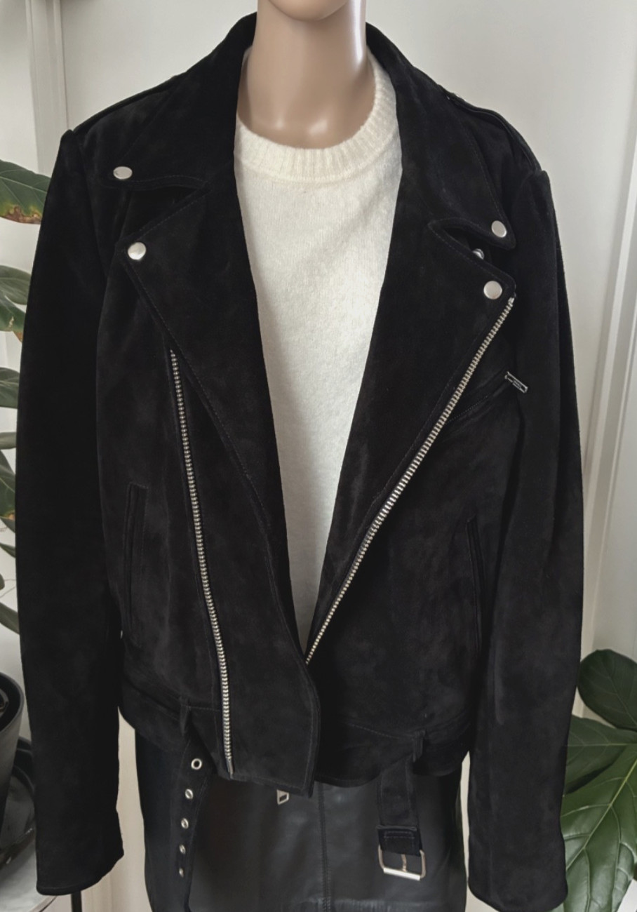 Rolla’s Black Suede Leather Moto Biker Jacket Size L Belted YKK Zip Lined