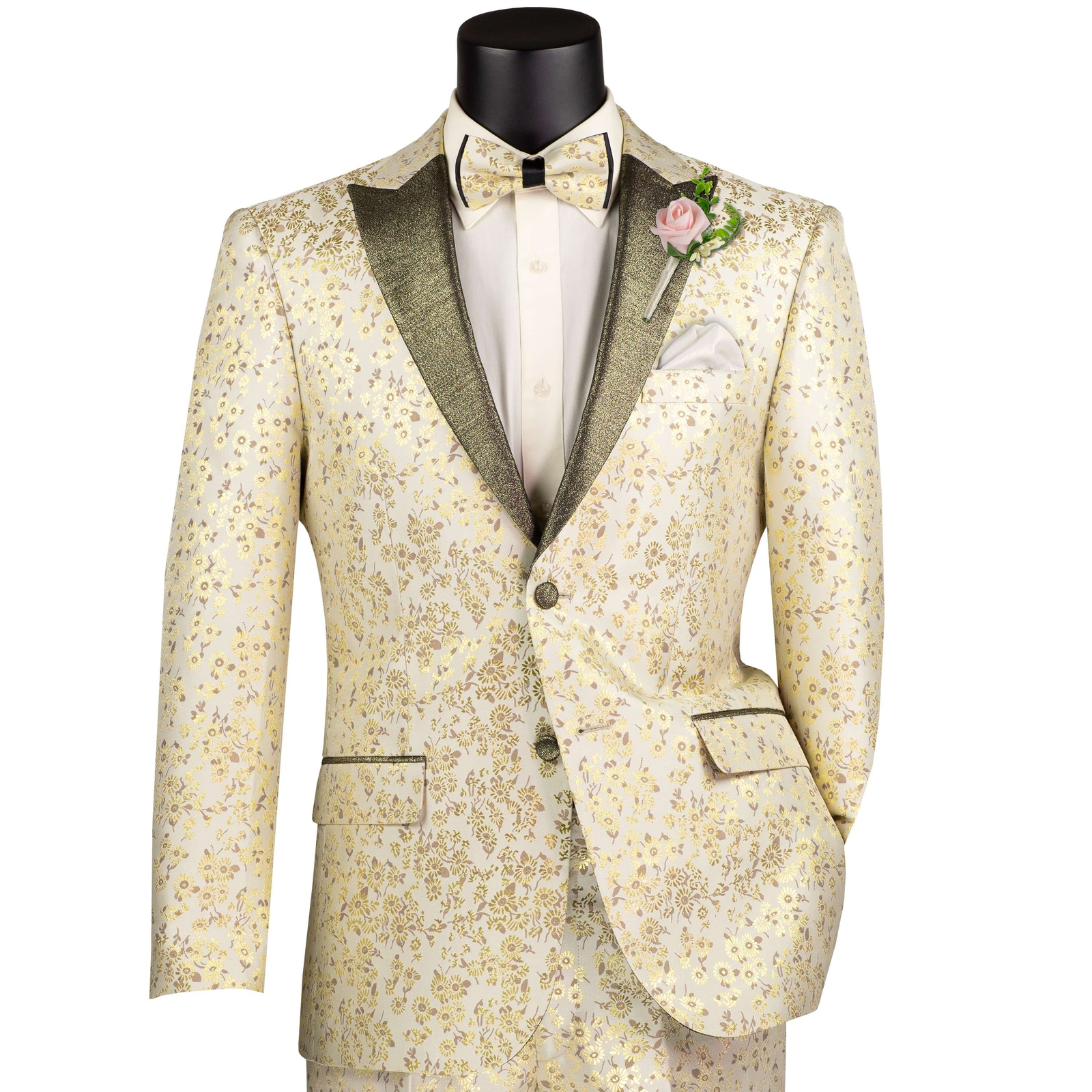 VINCI Men’s Champagne Beige Jacquard Slim Fit Tuxedo w/ Matching Bow-Tie NEW