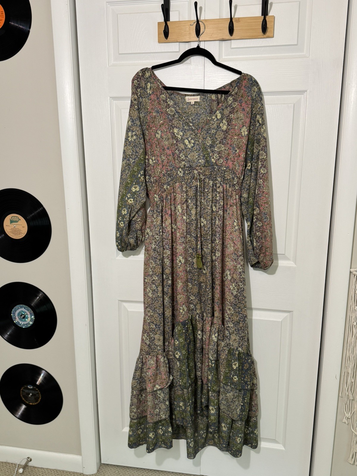 Anthropologie Boemo Maxi Dress Size 1X Pink Green Smocked Tiered