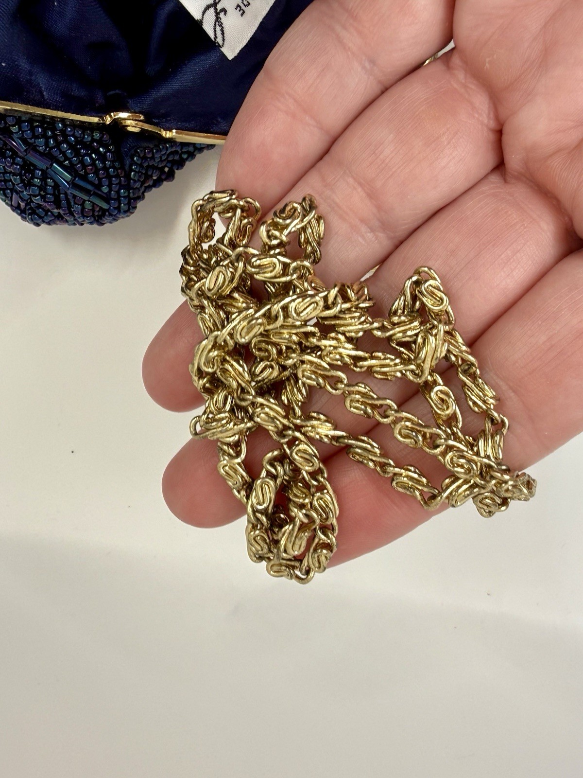 Le Regale Navy Blue Vintage Beaded Clutch Kiss Lock Gold Chain Strap