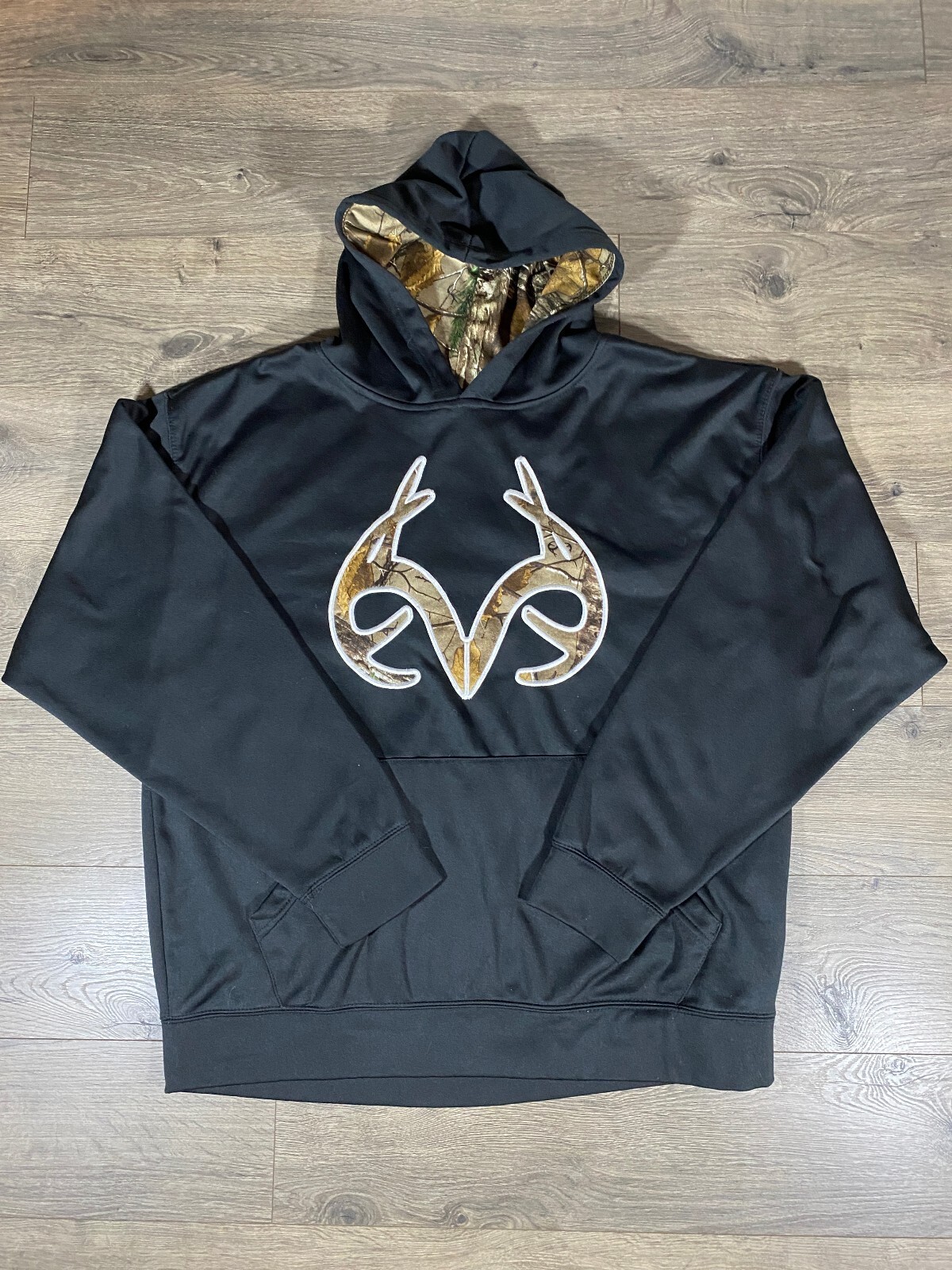Realtree By Ranger Hoodie Mens L Black Camo Antler Logo Performance Hunting
