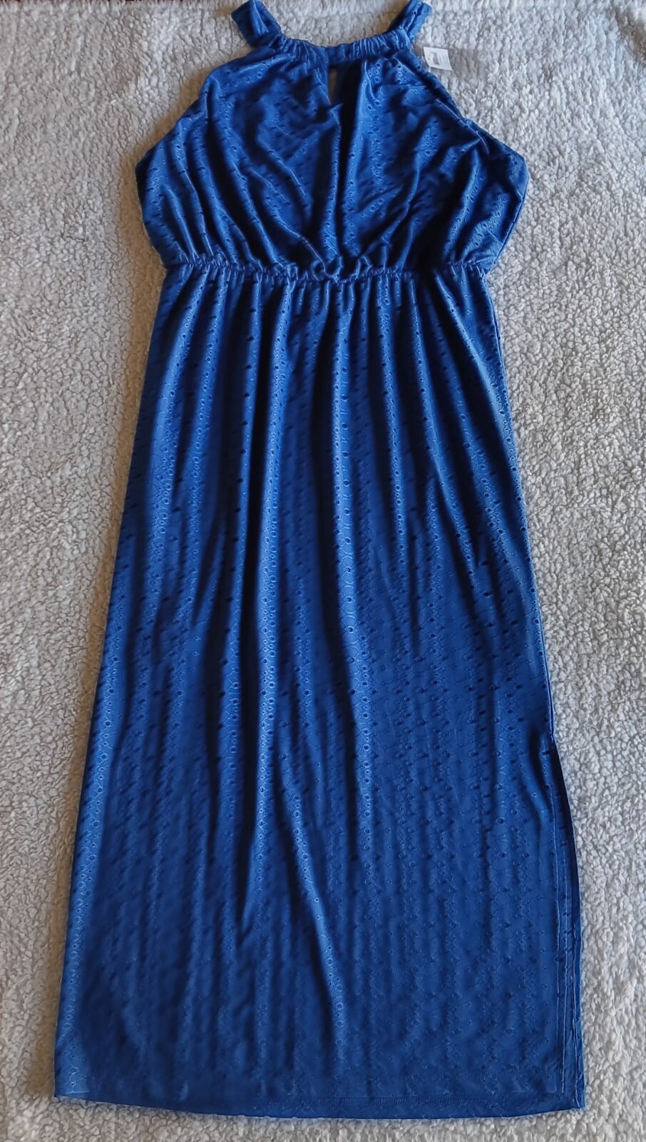 New Chico’s Maxi Blue Sleeveless Dress SIZE 3 Petite Eyelet Pattern