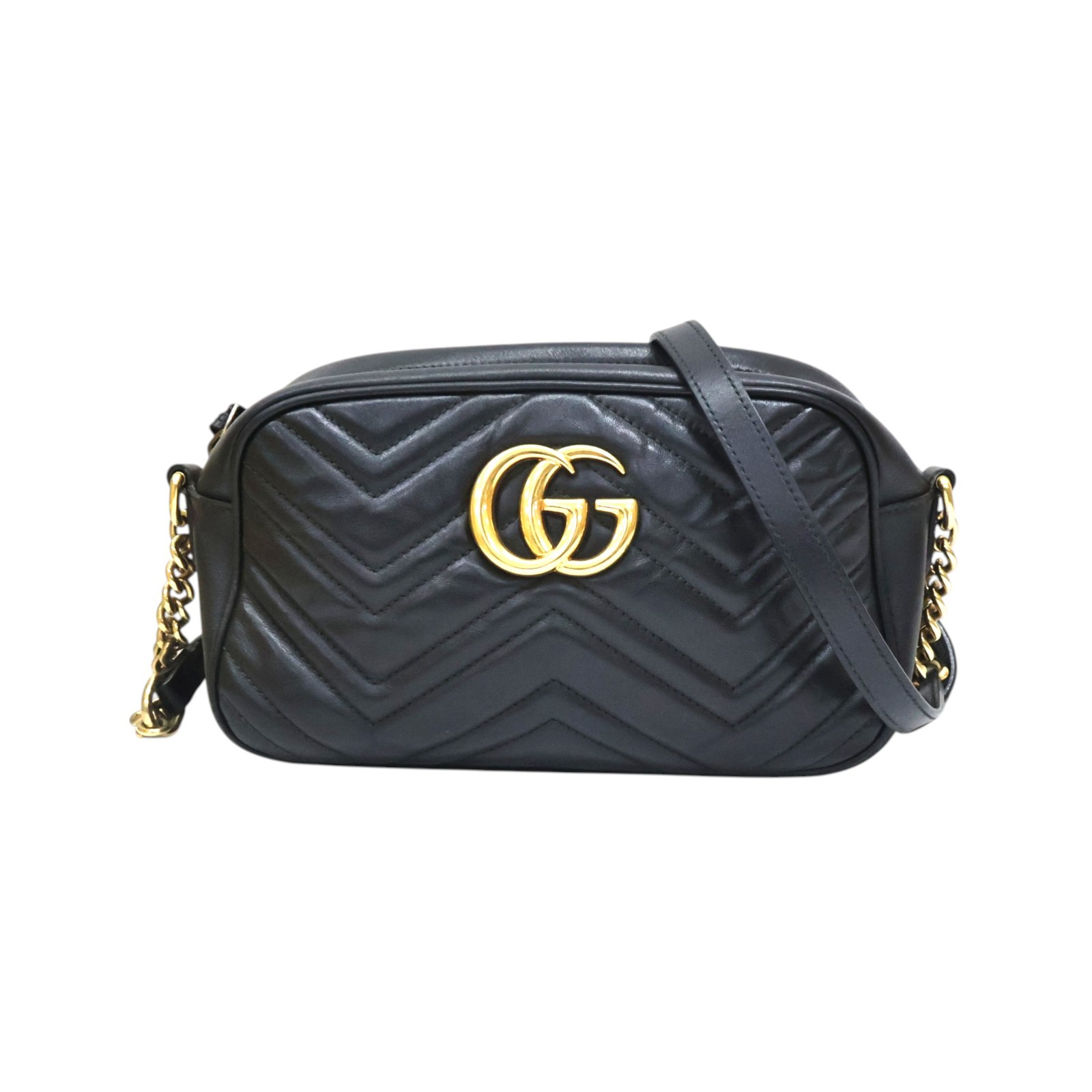 GUCCI GG Marmont Small Camera Shoulder Bag Black Matelasse Chevron Leather