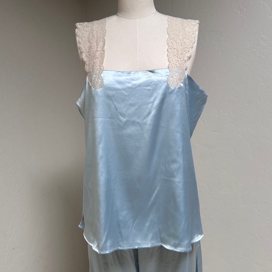 Silk Lace Trim Cami Tank Top Soft Blue Lingerie Inspired Coquette Layering L