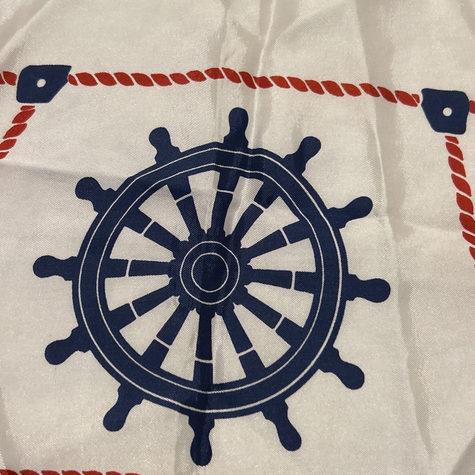 Ceggali nautical scarf white w/ red rope border, navy blue ship wheels, anchors