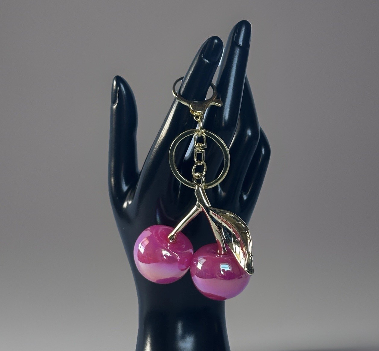 Iridescent Gloss Mirrored Cherry Bag Charms Keychain Gold + Velvet Dustbag