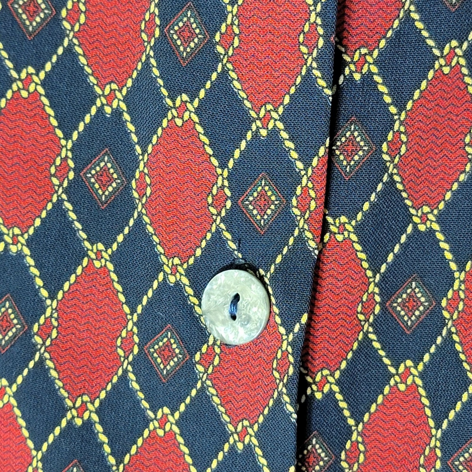 Vtg Secretary Blouse Womens 1X Chain Print Buttons Padded Retro Office Mature