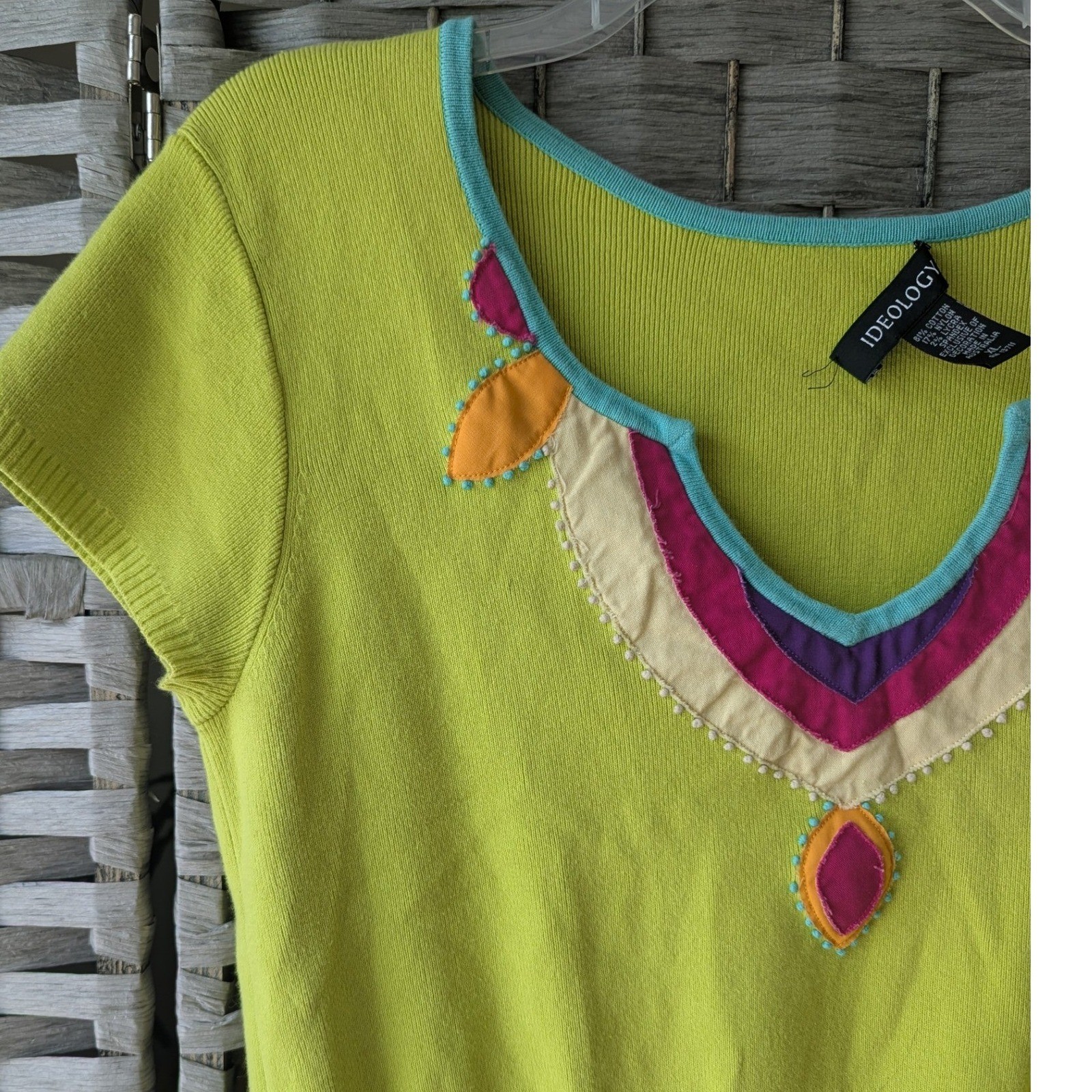 Short Sleeve Sweater Lime Green Beaded Applique Split Neck XL Boho Retro Bright