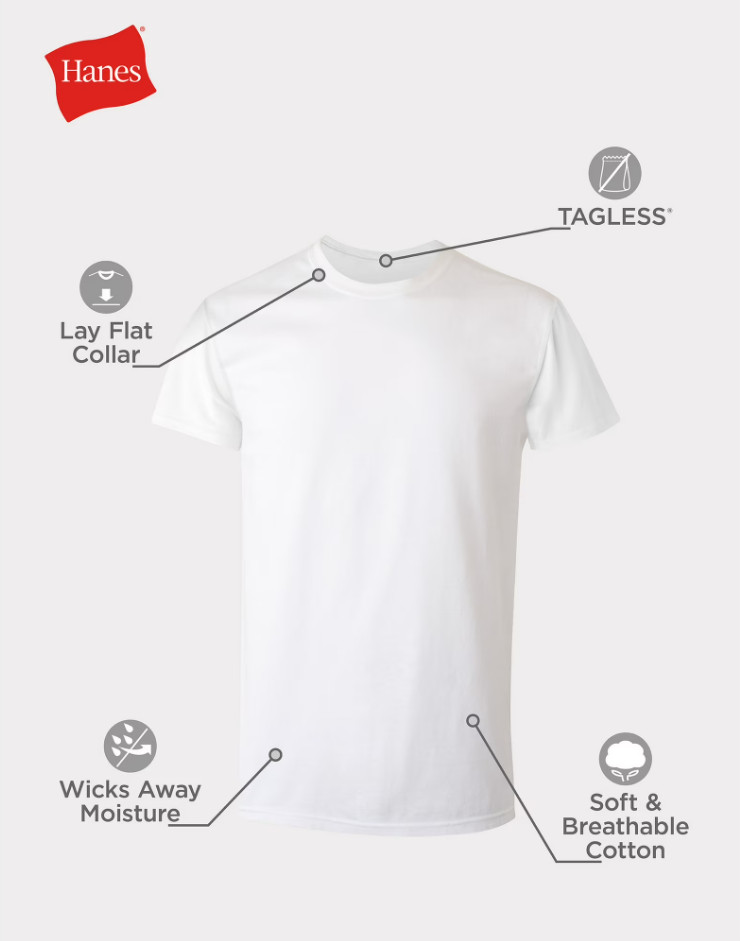 Hanes Men’s Super Value Pack White Crew T-Shirt Undershirts, 10 Pack