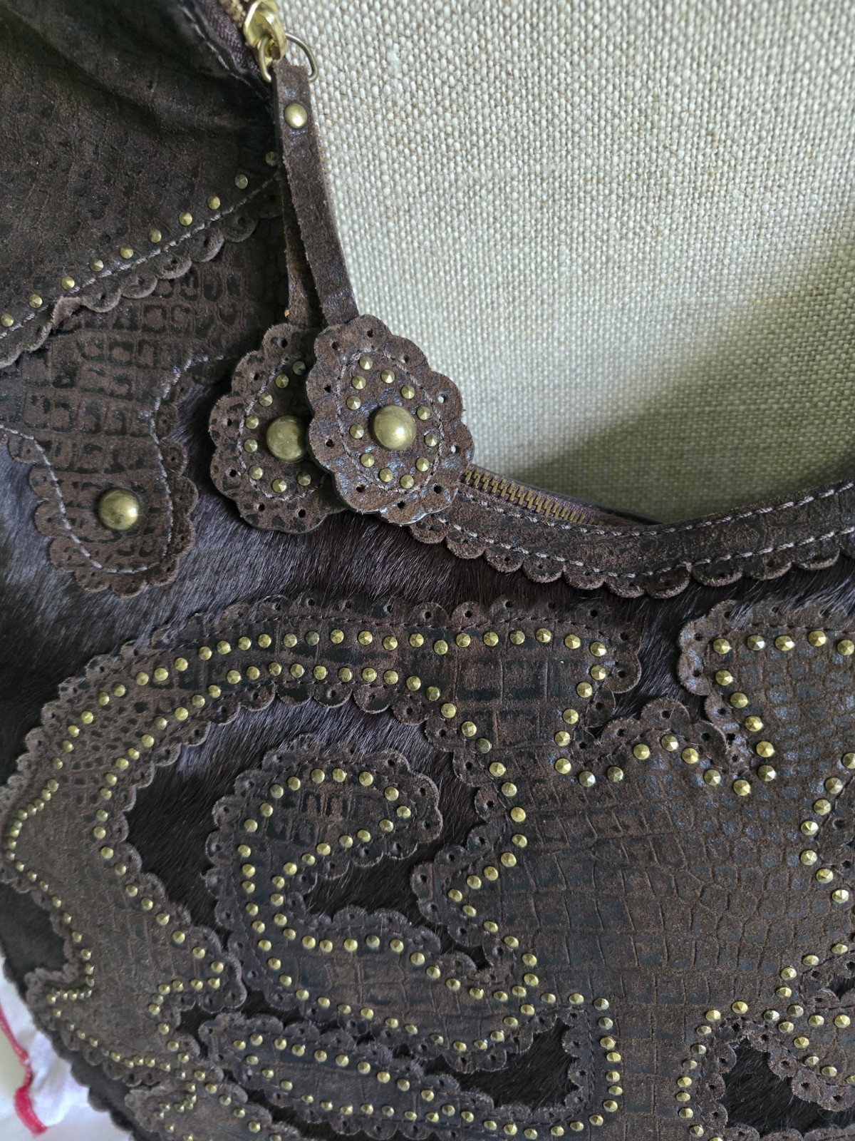 Isabella Fiore NWT, Brown Leather/Calf Hair Studded Hobo Bag, Aldic Ging RARE
