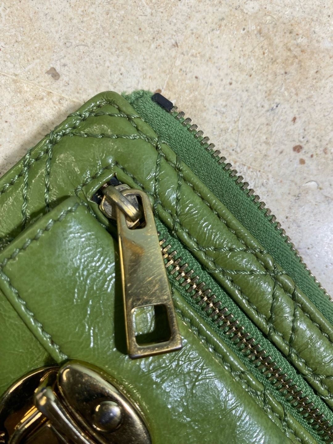 Marc Jacobs Vintage Green Quilted Leather Push Lock Double Pocket Zip Wallet