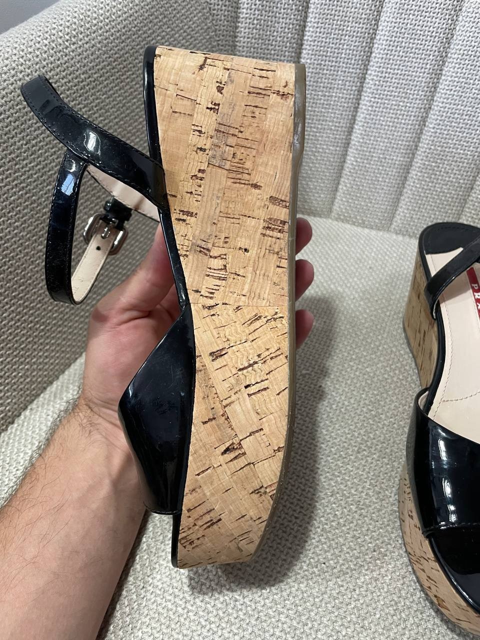 Prada Black Patent Leather and Cork Wedge Sandals Size IT 37 US 7