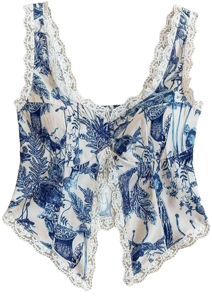 Lace Crop Top Womens L Mushroom Garden Cottagecore Blouse Hawaii Festival Blue