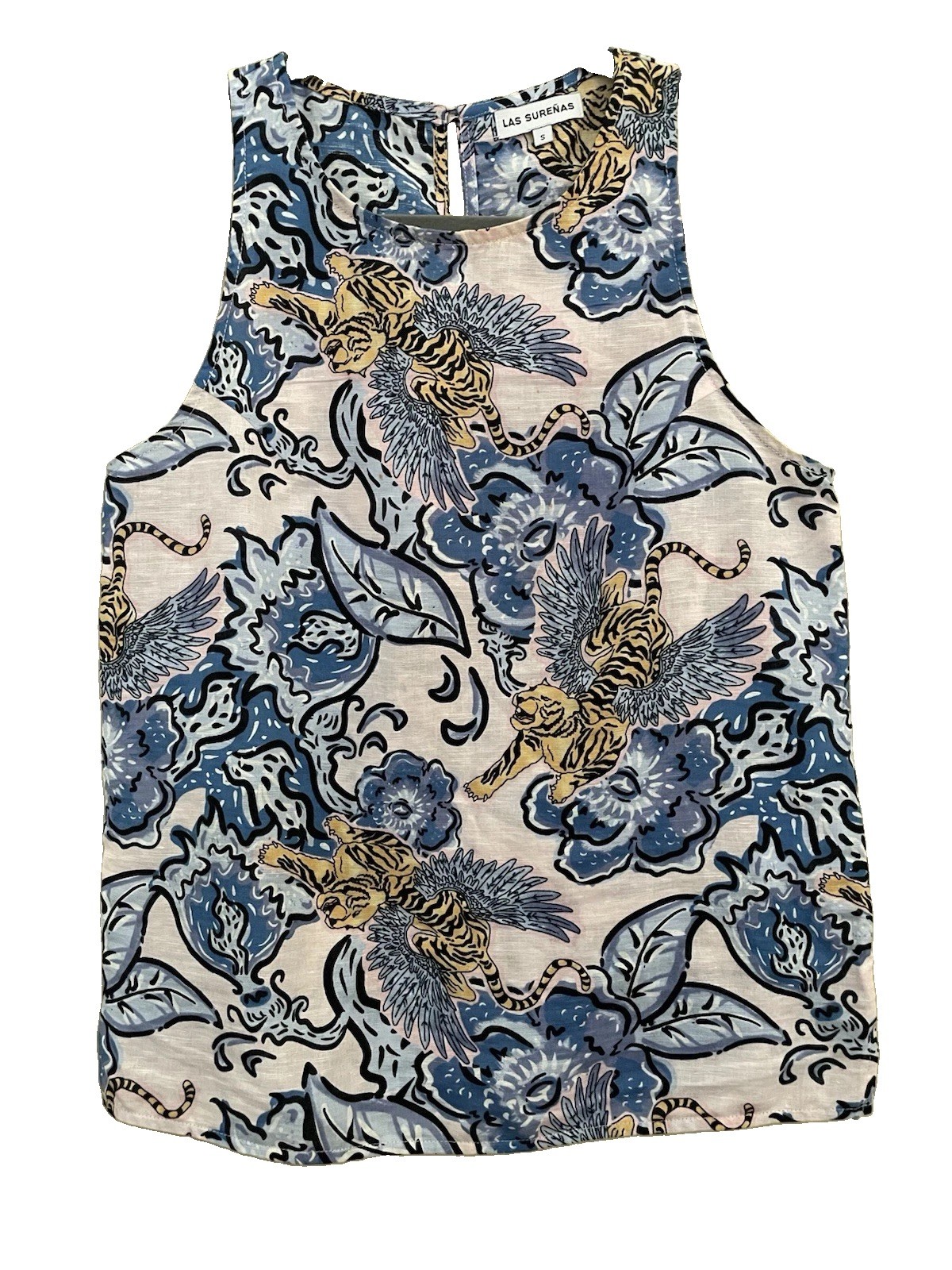 Las Sureñas Flying Tiger Floral Sleeveless Tank Top Blue Gold Size S