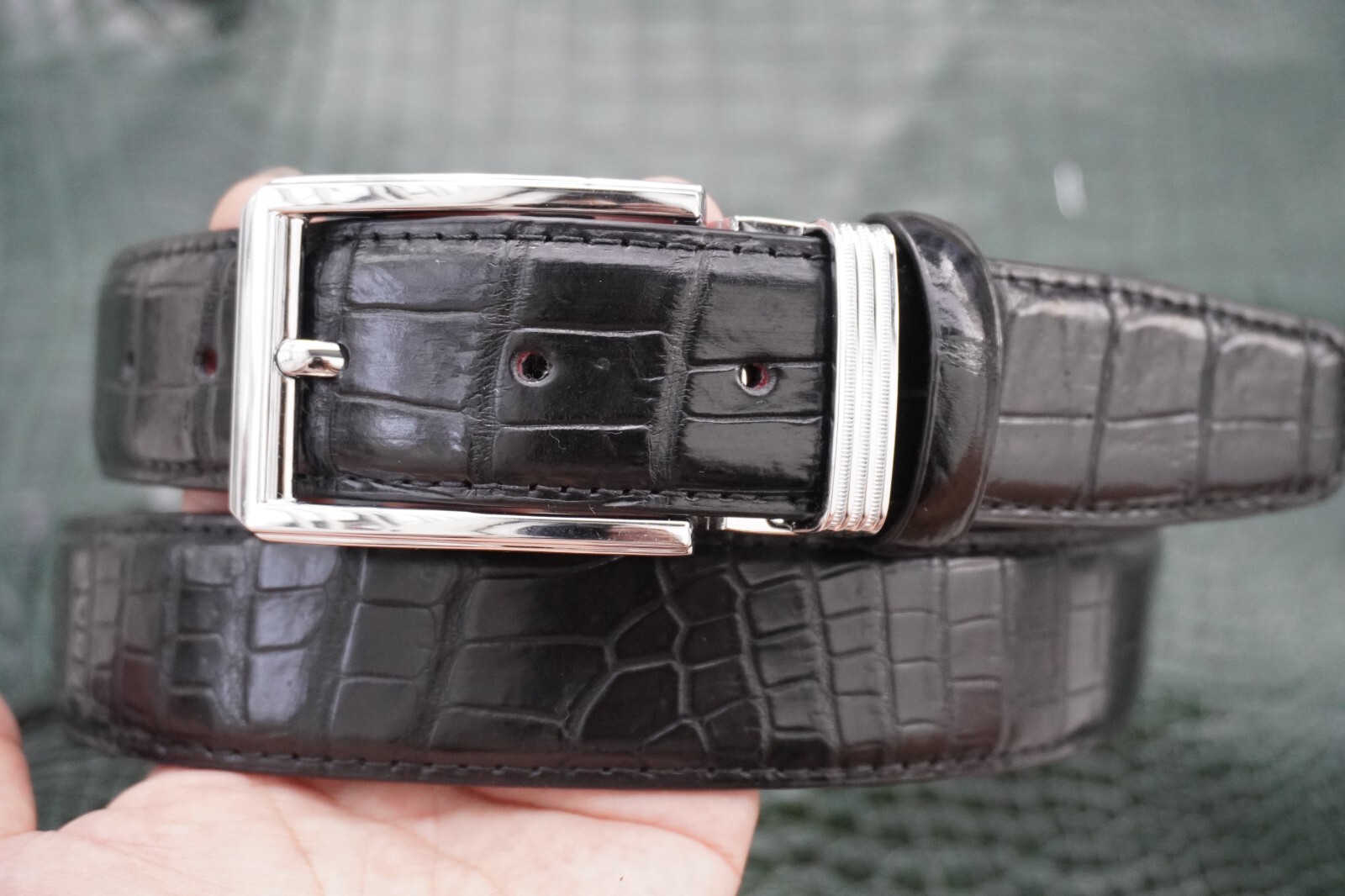 W1.3 inch Black Genuine Crocodile Belly Leather Skin Men’s Belt Pin Buckle #J02