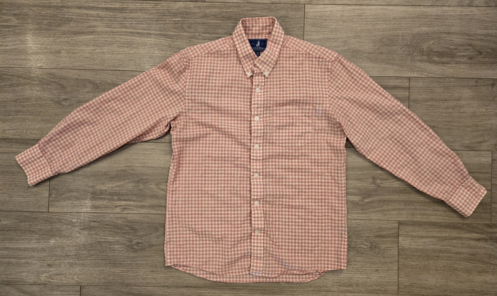 Wool And Prince Shirt Men’s Medium Plaid Worsted Wool Button Up Plaid Salmon EUC