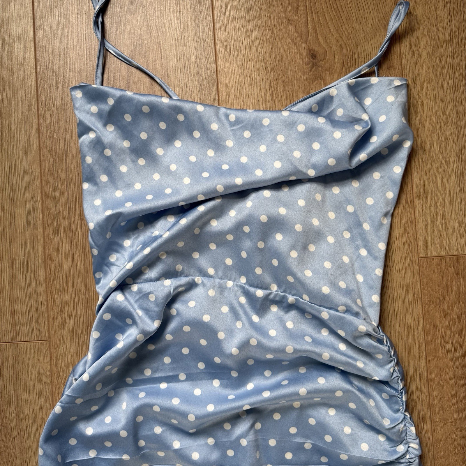 In The Style Blue Polka Dot Satin Dress UK 6 BNWT Strappy Ruffle Cowl Neck