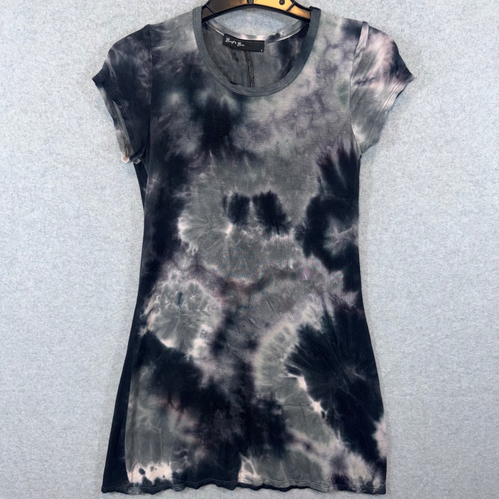 Byt & Bro Womens Small Tie Dye Dress Gray Black Short Sleeve Stretch Mini