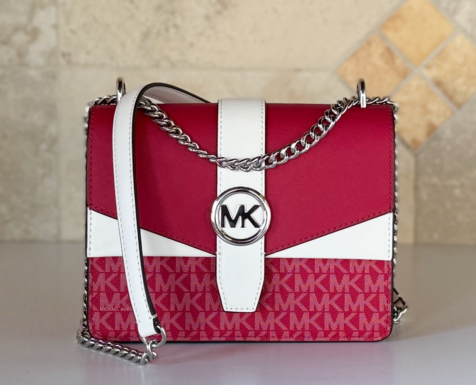 Michael Kors Greenwich SM Convertible Shoulder Flap Bag MK Dark Raspberry Multi