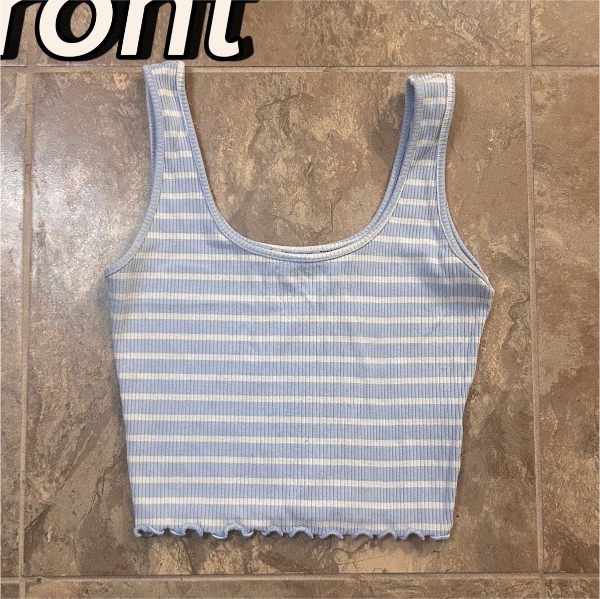 Papaya Women’s Blue/White Striped Ribbed Scoop Neck Ruffle Crop Tank, L