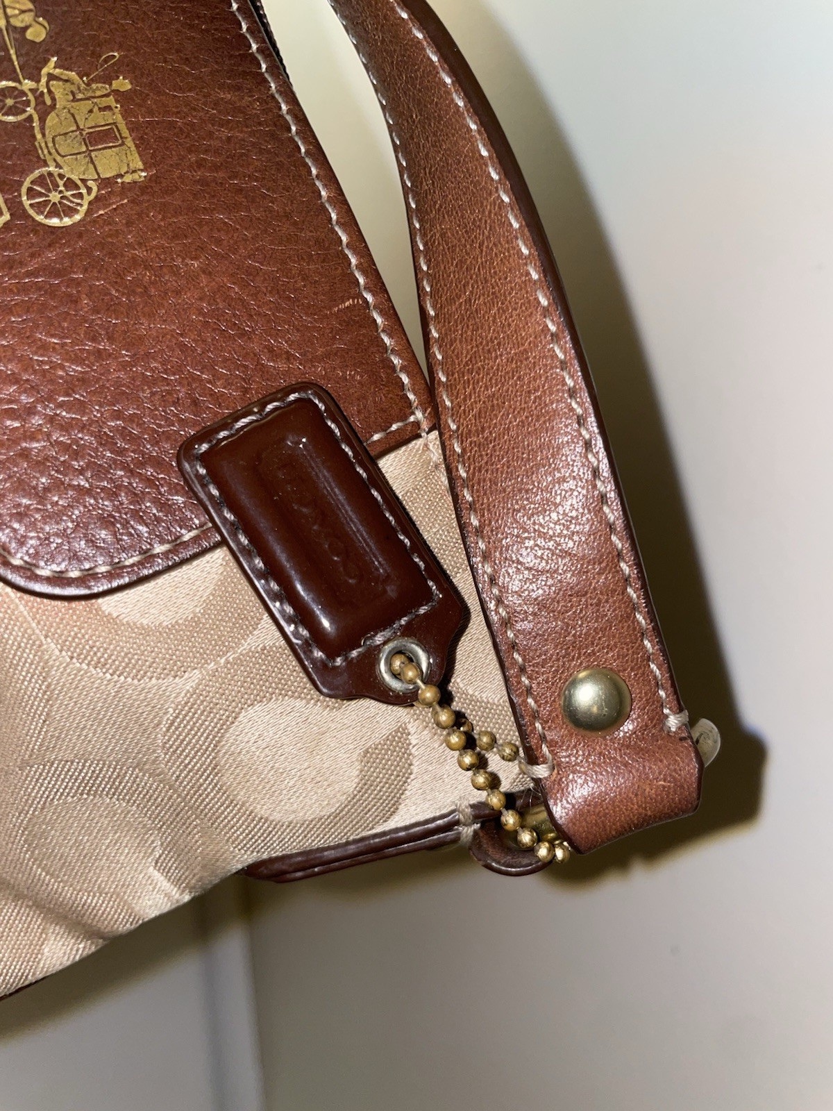 Coach Signature Swingpack Crossbody Bag Khaki Brown Canvas Leather Trim Purse
