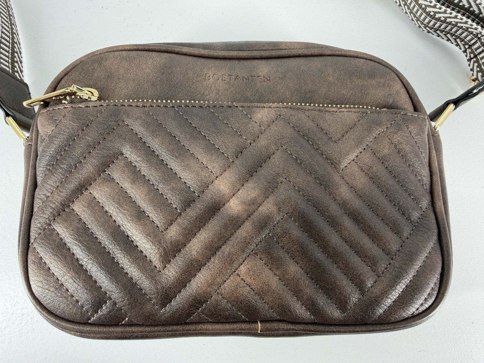 Bostanten Nola Brown Chevron Quilted Crossbody Bag W/Striped Guitar Style Strap
