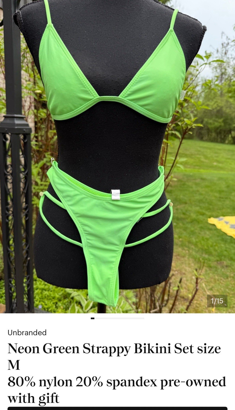 Neon Green Strappy Bikini Set size M 80% nylon 20% spandex pre-owned + Gift