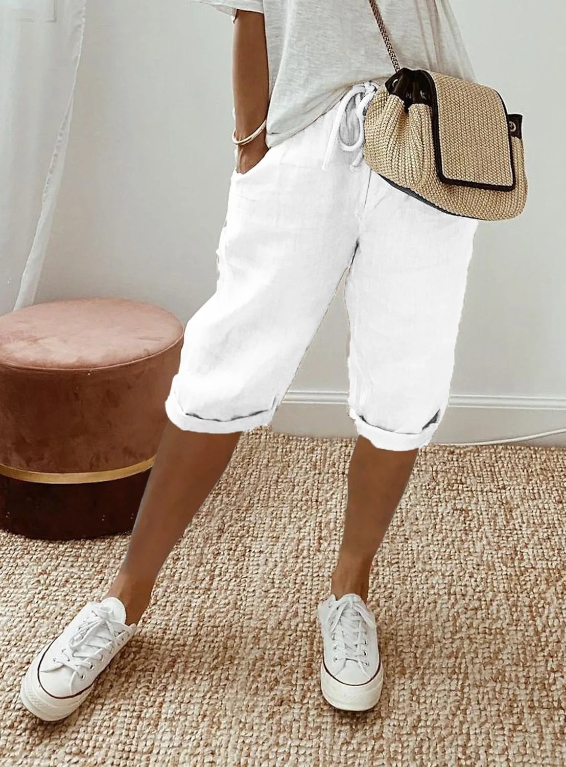Womens Capri Pants Casual Drawstring Elastic Waist Cropped Trousers Summer