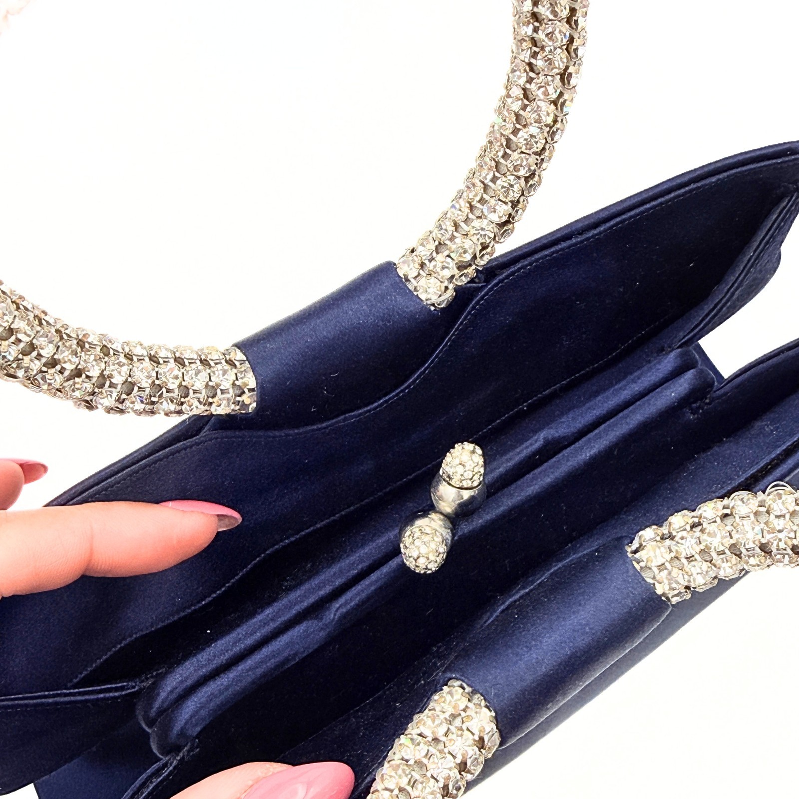 Judith Leiber Midnight Blue Satin Rhinestone O-Ring Top Handle Clutch Bag