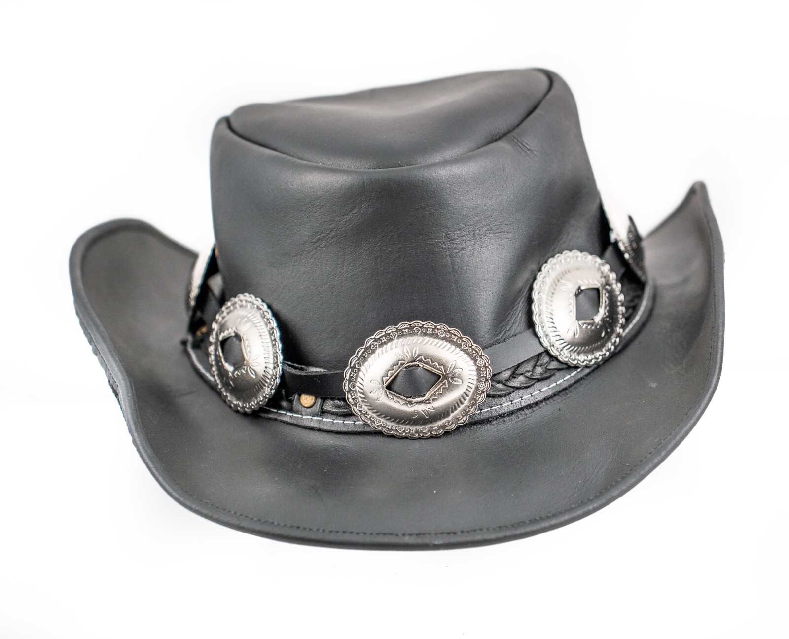 Hat Band Oval Silver Steel Western Concho Leather Band Hat Is Not Included