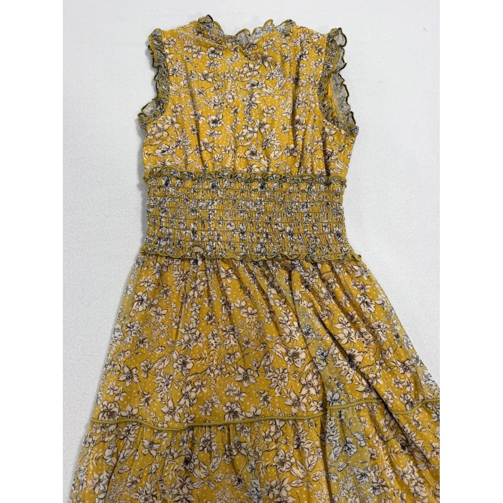 Max Studio Mustard Yellow Floral Smocked Waist Tiered Midi Dress 1902K67 XS