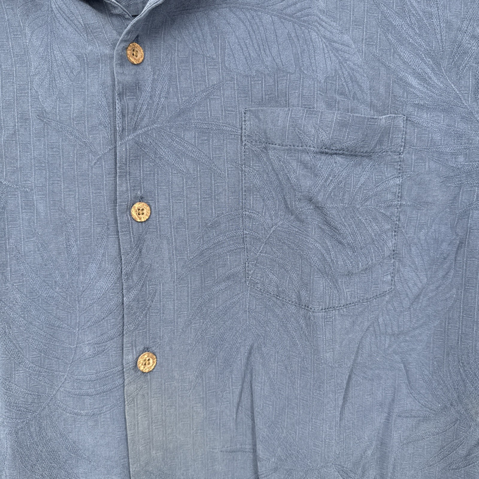 Tommy Bahama 100% Silk Camp Shirt Blue Tonal Palm Tree Jacquard Button Down XL