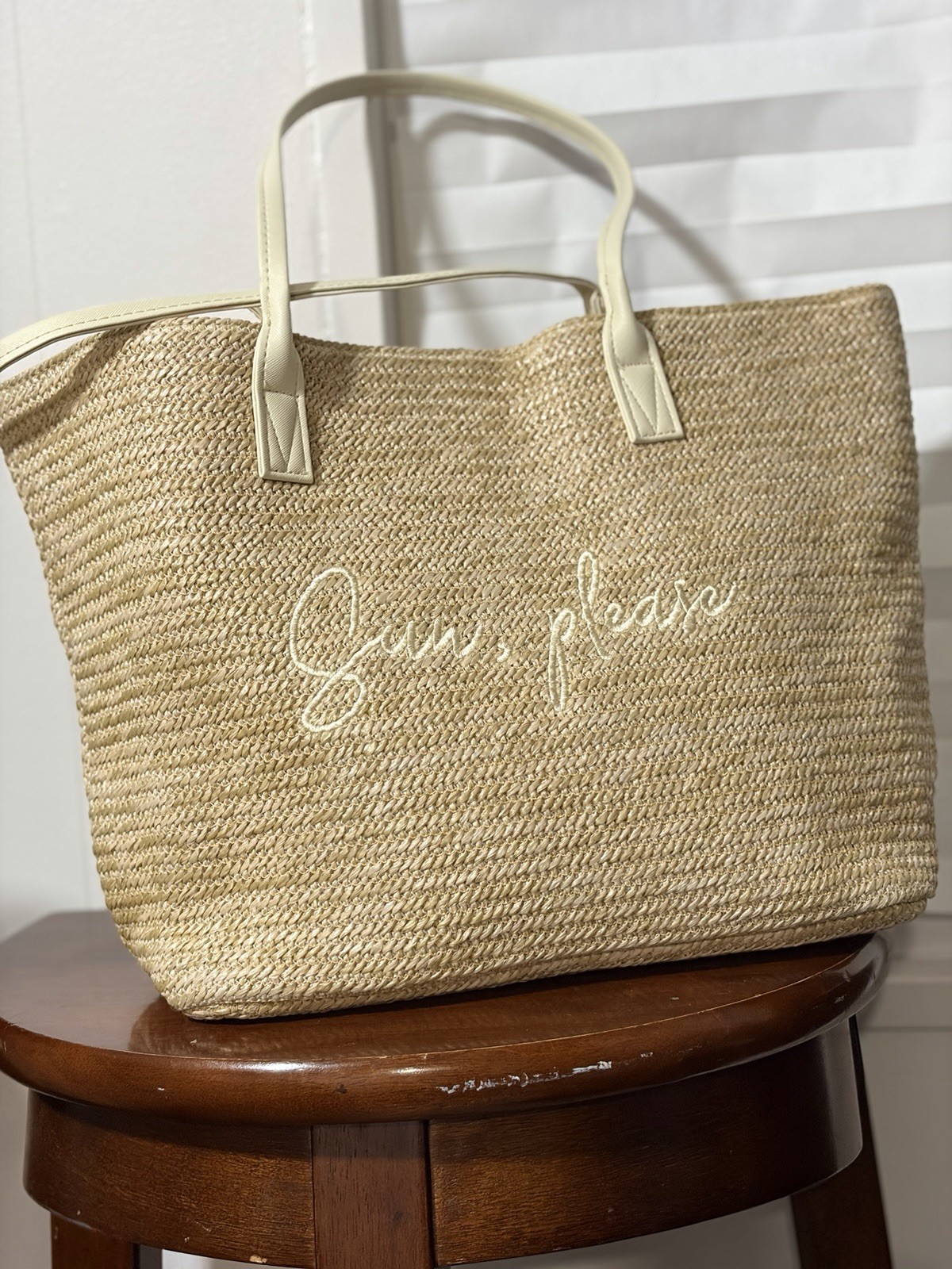 Beige Tote Bag Embroidered “Sun, please” Yellow Pineapple Lined Pockets
