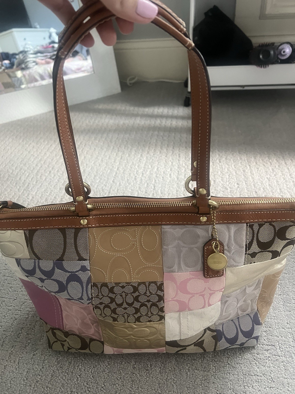 Coach Patchwork Multicolor Tote Zip Top Gold Hardware Charm Inner Pockets